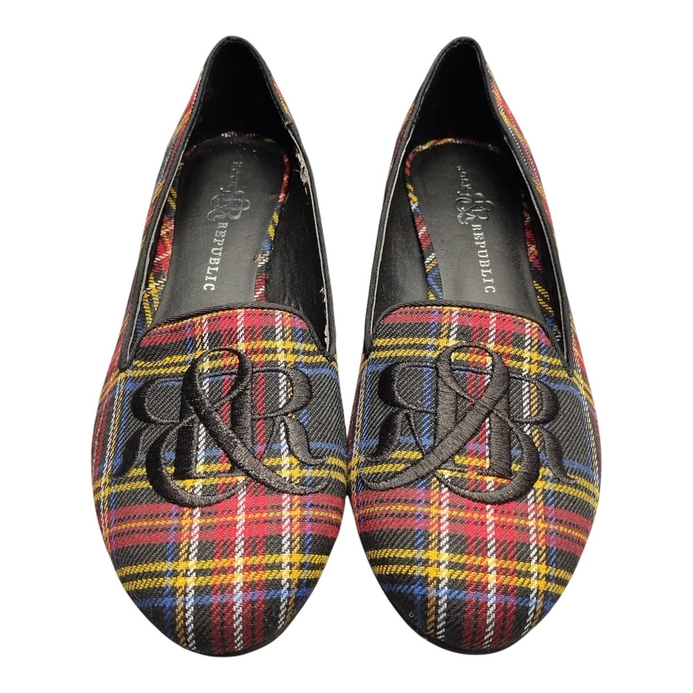 Rock & Republic Ballet Flats Womens US 9.5M Multi Plaid Embroidered Logo Slip On